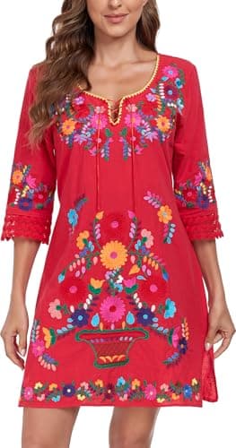 YZXDORWJ Women's Mexican V-Neck Fiesta Dress with Short Sleeves