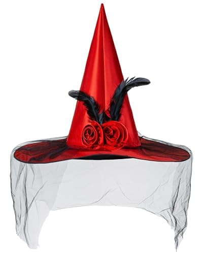 Women's Halloween Witch Hat with Veil, Roses, and Feathers for Cosplay Parties