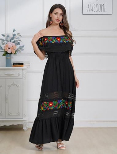 ODIZLI Women's Floral Embroidered Off-Shoulder Maxi Dress Summer Casual
