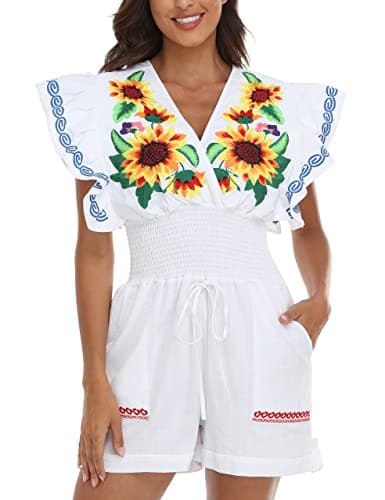 YZXDORWJ Women's Mexican Embroidered Floral V-Neck Butterfly Sleeve Jumpsuit