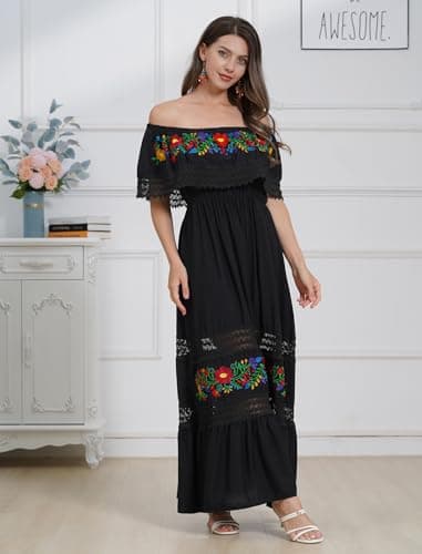 ODIZLI Women's Floral Embroidered Off-Shoulder Maxi Dress Summer Casual