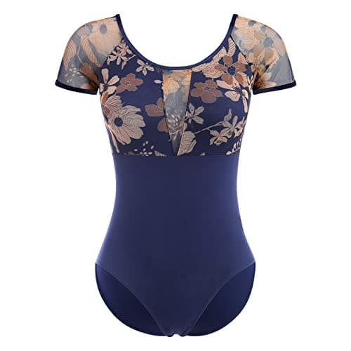 Women's Ballet Dance Leotard with Mesh Floral Back and Padded Bra for Gymnastics and Aerial Yoga