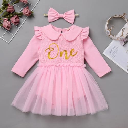 ODASDO Baby Girl First Birthday Lace Floral Cotton Tutu Dress with Headband
