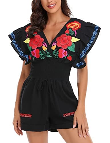 YZXDORWJ Women's Mexican Embroidered Floral V-Neck Butterfly Sleeve Jumpsuit