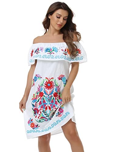 YZXDORWJ Women's Mexican Embroidered Ruffle Collar Dress
