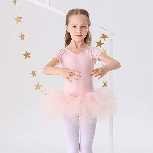 Bezioner Girls' Cotton Ballet Dance Tutu Leotard Short Sleeve