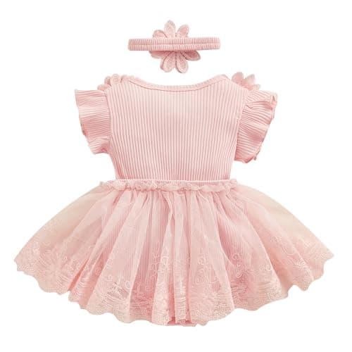 ODASDO Newborn Lace Romper Dress & Bowknot Headband Summer Birthday Outfit