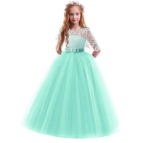 IBTOM CASTLE Girls' Flower Floral Lace 3/4 Sleeve Floor-Length Wedding Party Dress