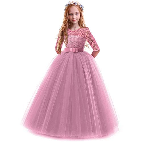 IBTOM CASTLE Girls' Flower Floral Lace 3/4 Sleeve Floor-Length Wedding Party Dress
