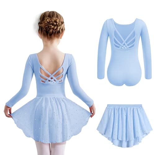 Zaclotre Long Sleeve Ballet Leotard with Crisscross Back & Shiny Skirt Combo