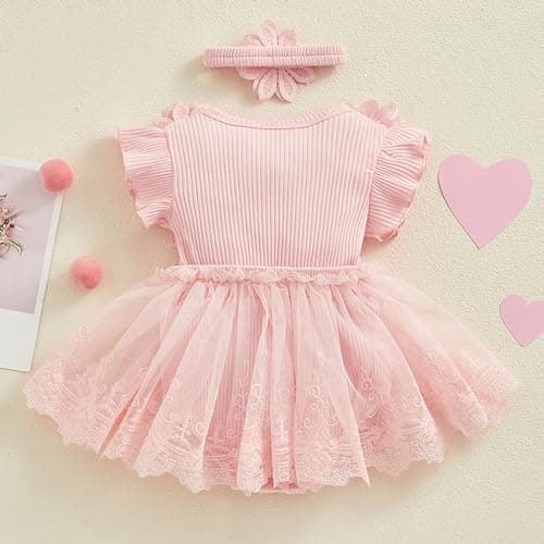 ODASDO Newborn Lace Romper Dress & Bowknot Headband Summer Birthday Outfit