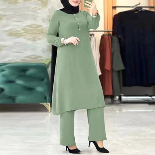IDOPIP Women's Muslim Abaya Dress Set Casual Arabic Outfits