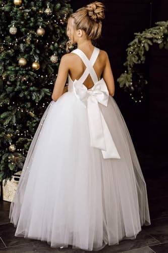 JISISANG Crossed Straps Satin Prom Dress with Bow Tulle for Flower Girls