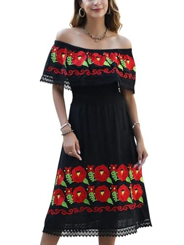 Vackutliv Mexican Embroidered Floral Off-the-Shoulder Dress