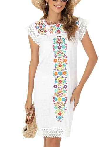 Mexican V-neck Summer Dress for Women Traditional Embroidery Black White