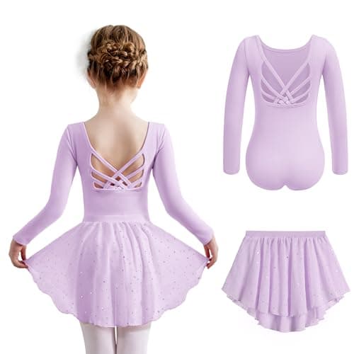 Zaclotre Long Sleeve Ballet Leotard with Crisscross Back & Shiny Skirt Combo