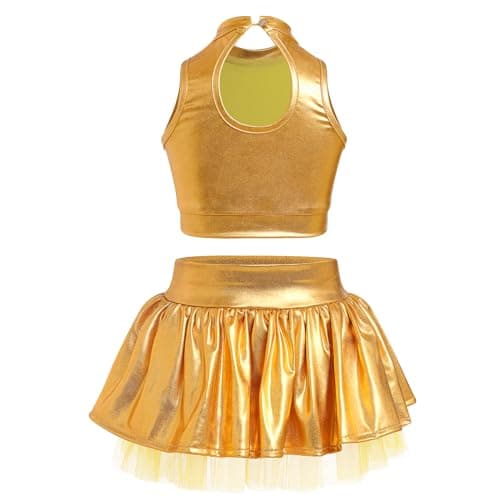 ODASDO Girls Shiny Metal Dance Costume with Sequin Tank Crop Top Ruffle Skirt