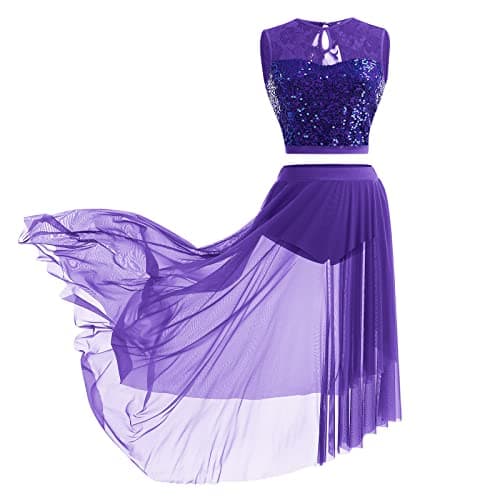 Sequin Lace Floral Crop Top and Flowy Mesh Tulle Skirt 2pcs Outfit for Lyrical Dance Costume