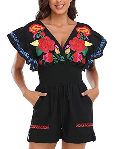 YZXDORWJ Women's Mexican Embroidered Floral V-Neck Butterfly Sleeve Jumpsuit