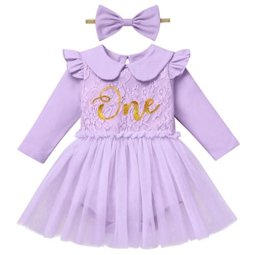 ODASDO Baby Girl First Birthday Lace Floral Cotton Tutu Dress with Headband