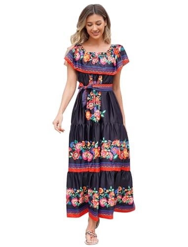 Off Shoulder Floral Print Mexican Maxi Dress for Women
