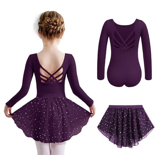 Zaclotre Long Sleeve Ballet Leotard with Crisscross Back & Shiny Skirt Combo
