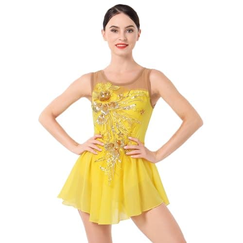 AFAVOM Women's Sequin Flower Ice Skating Dress for Competition Costume