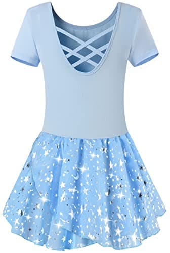 WYHDY Girls' Shiny Ballet Leotards with Hollow Crisscross Back Short Sleeve