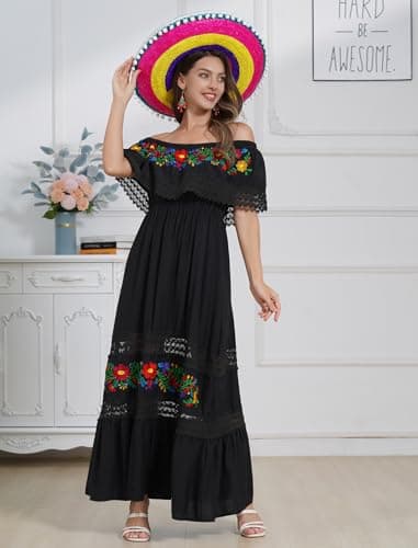ABEHIK Women's Off-Shoulder Embroidered Mexican Maxi Dress for Cinco de Mayo