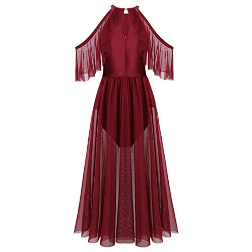 Women's Lyrical Dance Costume with Shiny Criss Cross Straps and Full Circle Mesh Tulle - Long Dress with Brooch Pin