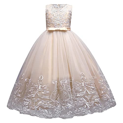 IDOPIP Kids' Flower Girl Lace Formal Long Tulle Dress for Weddings Bridesmaids