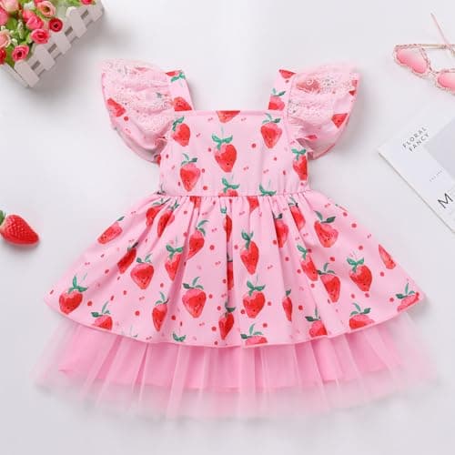 ODASDO Strawberry Printed Tutu Dress for Toddlers Girls Birthday Party