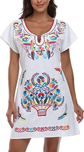 YZXDORWJ Women's Mexican V-Neck Fiesta Dress with Short Sleeves