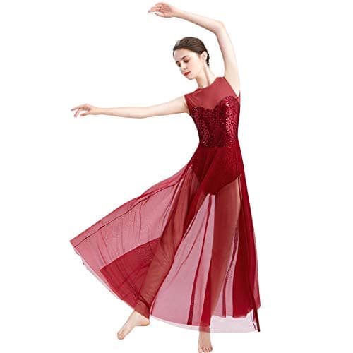Women's Lyrical Dance Dress for Modern Contemporary Dance with Sequins Tank Leotard and Tulle Maxi Overlay