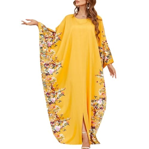IDOPIP Women's Muslim Ramadan Dress - Long Sleeve Floral Maxi Kaftan Robe
