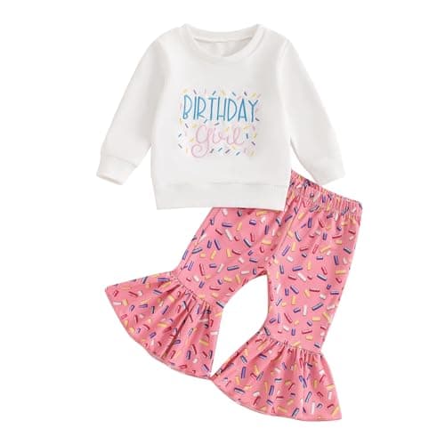 SAYOO Birthday Girl Outfit: Embroidery Print Sweatshirt + Flared Pants