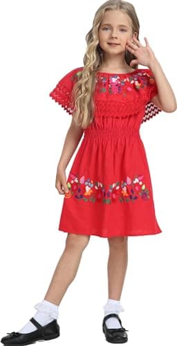 YZXDORWJ Mexican Embroidered Cinco de Mayo Floral Dress for Girls