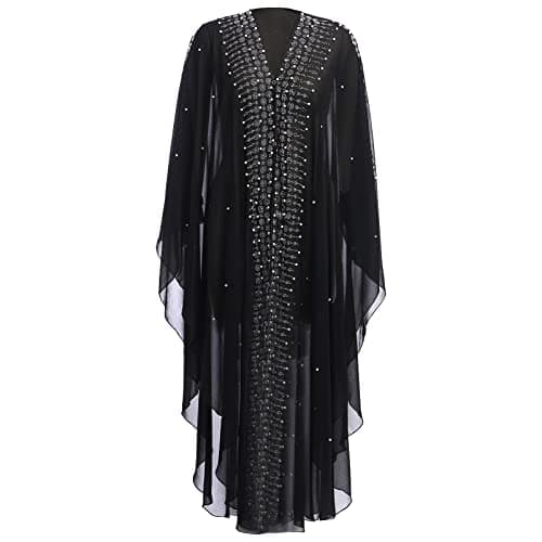 OBEEII Loose Batwing Hooded Beaded Embroidery Abaya Dress for Women
