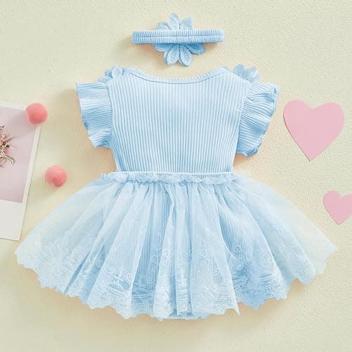 Newborn Baby Girls' 2pc Summer Set: Lace Romper Dress with Bowknot Headband