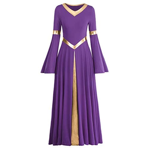 IBAKOM Women's Loose Fit Full Length Metallic Gold V-Neck Worship Dance Costume