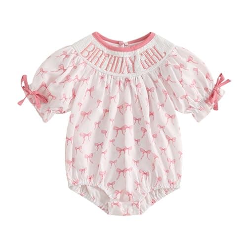 Lamuusaa Toddler Birthday Girl Embroidery Romper Bow Print Bodysuit