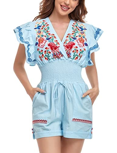 YZXDORWJ Women's Mexican Embroidered Floral V-Neck Butterfly Sleeve Jumpsuit