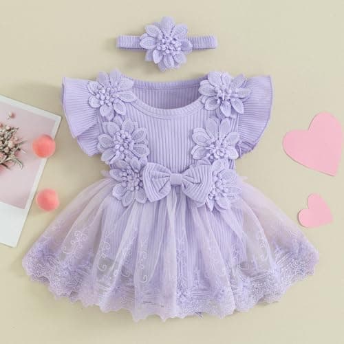 Newborn Baby Girls Lace Romper Dress with Headband 2pcs Summer Set