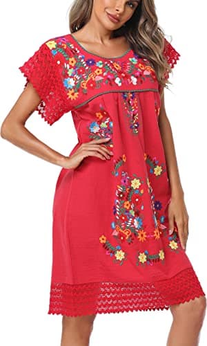 YZXDORWJ Women's Embroidered Mexican Peasant Lace Short Sleeve Dress
