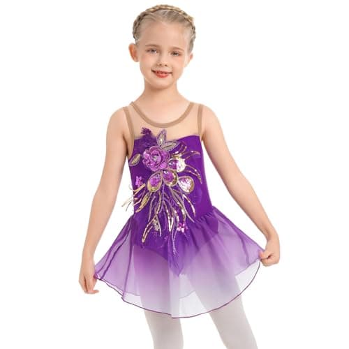 ODASDO Girl Ice Skating Dress Sequin Flower Chiffon Skirt for Competition