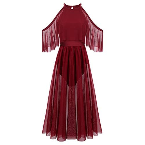 Lyrical Dance Costume for Women: Shiny Cross-Strap Mesh Tulle Dress