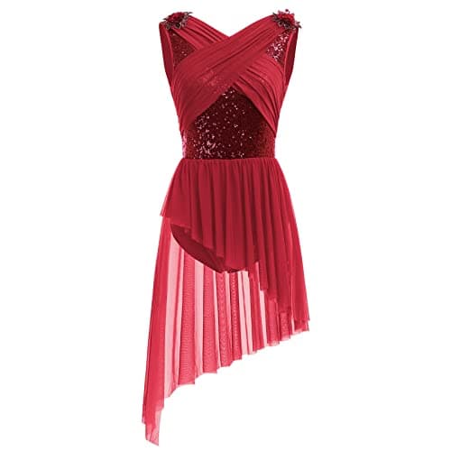 Elegant Lyrical Dance Dress with Lace Cap Sleeve and Asymmetrical Tulle Skirt (XS-XL)