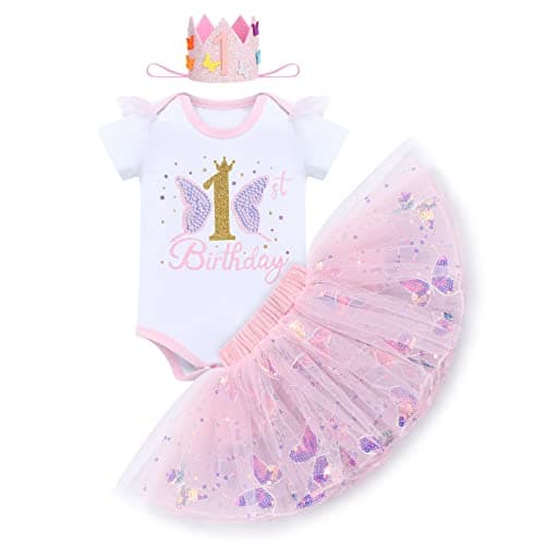 ODASDO Baby Girl First Birthday Outfit with Flower Print Tutu Skirt & Crown