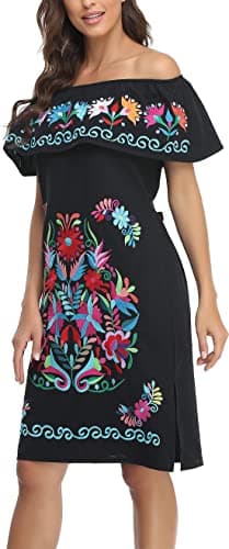 YZXDORWJ Women's Mexican Embroidered Ruffle Collar Dress