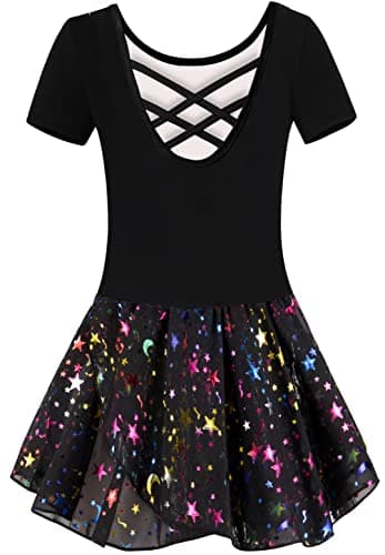 WYHDY Girls' Shiny Ballet Leotards with Hollow Crisscross Back Short Sleeve